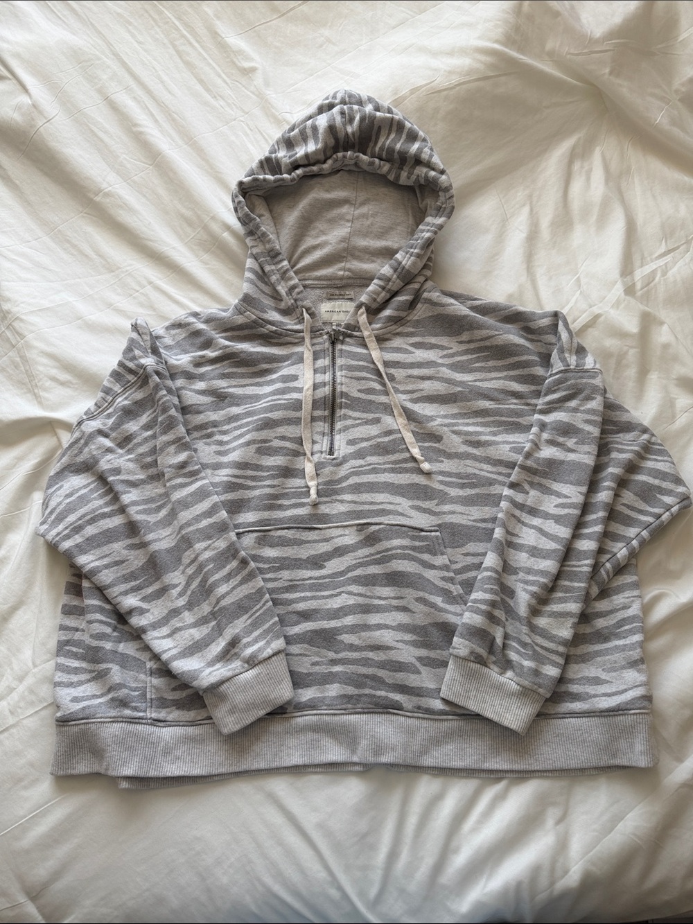 American Eagle Outfitters Gray Zebra-Print Half-Zip Hoodie